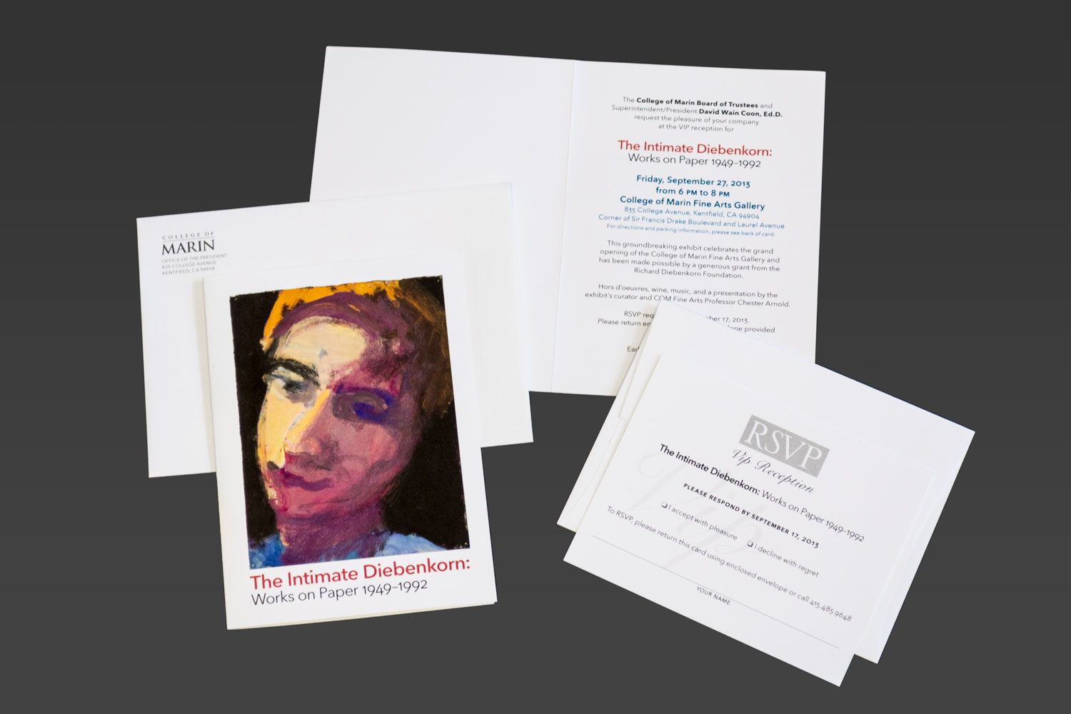 Mail invitation for Richard Diebenkorn art exhibit at College of Marin