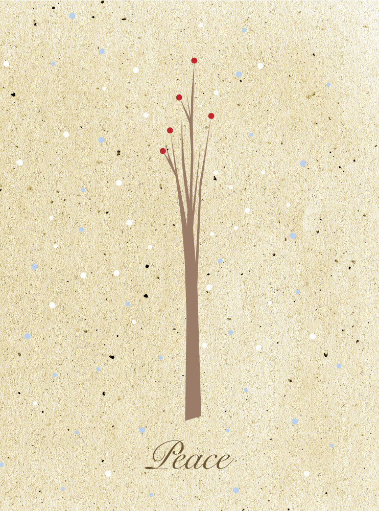 Minimalist illustration of bare tree with ornaments against textured background