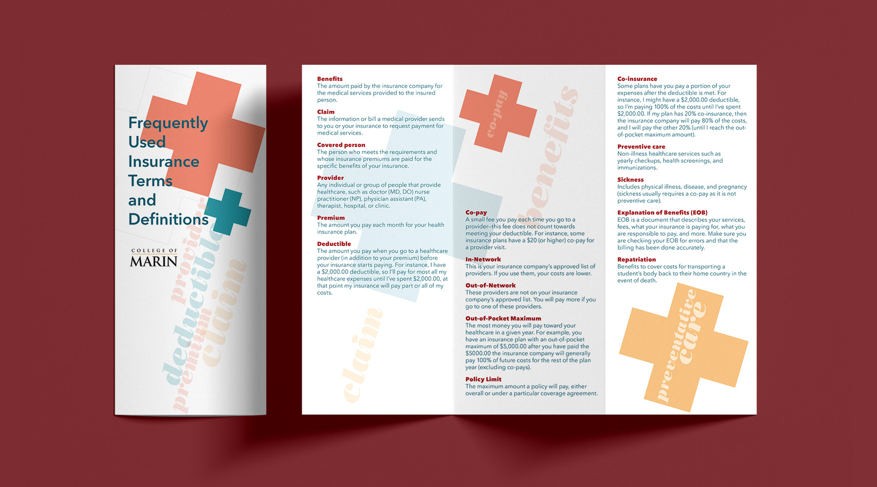 Insurance terms brochure for College of Marin