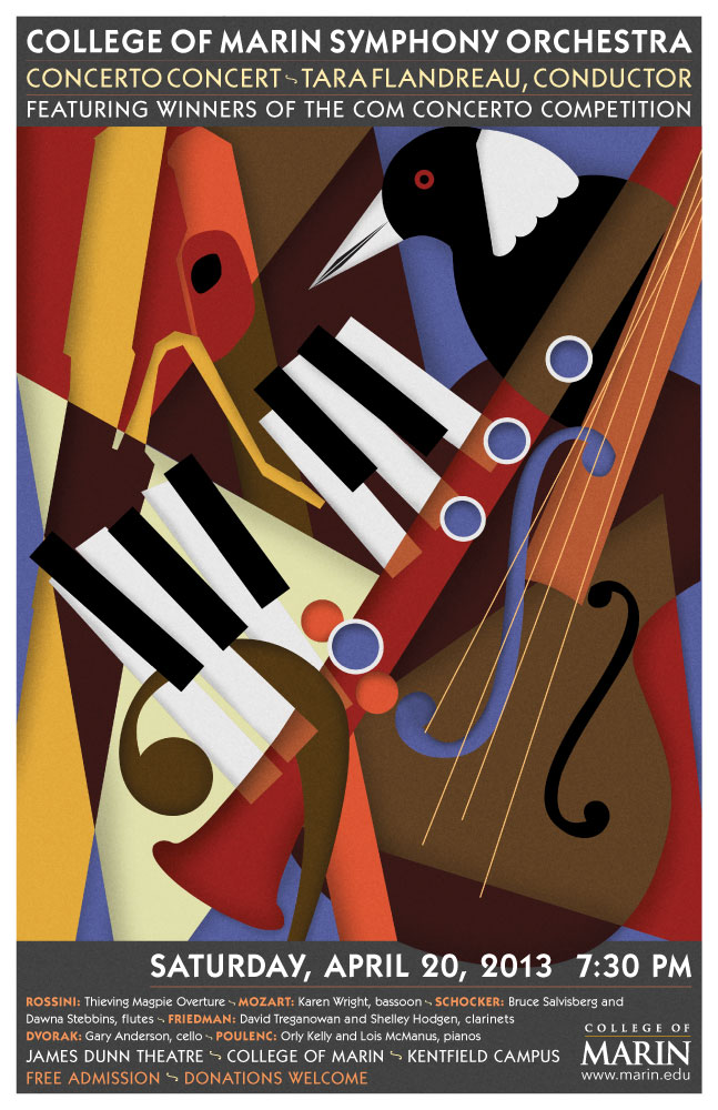 Symphony poster with illustrations of musical instruments and Magpie