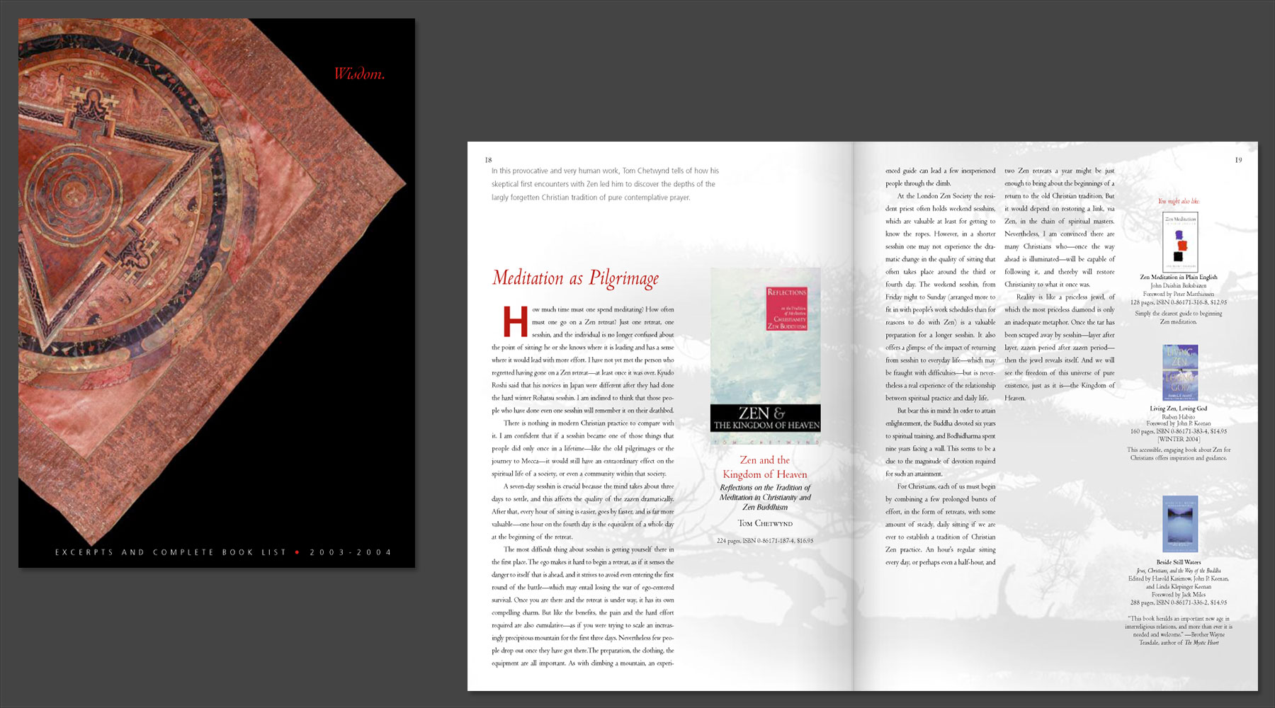 Catalog design for publisher of Buddhist books, cover and interior