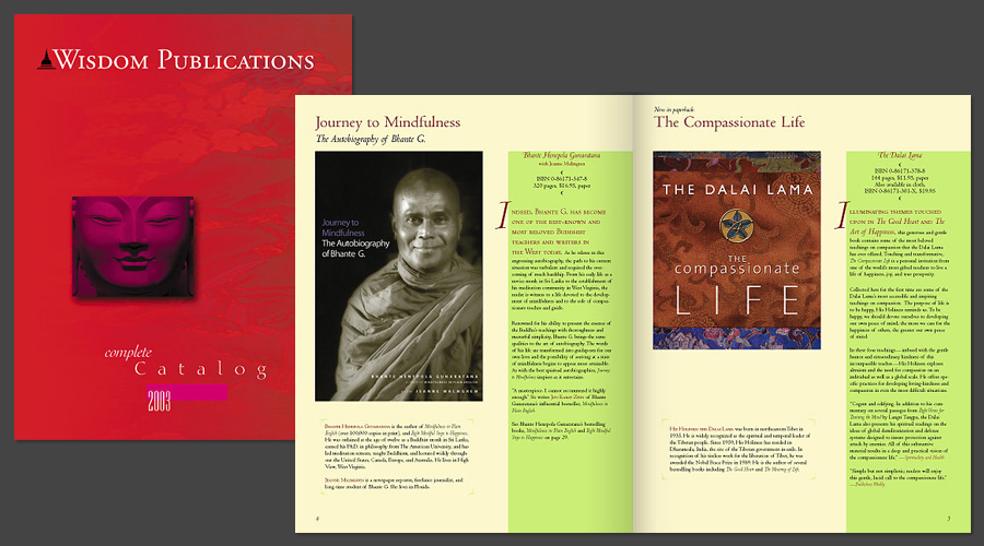 Catalog design for publisher of Buddhist books, cover and interior
